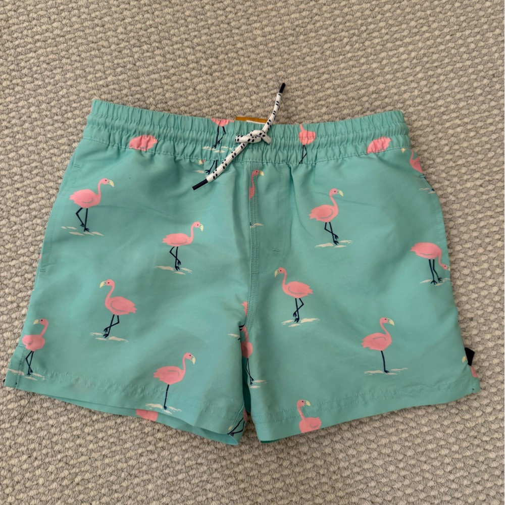 The Beaufort Bonnet Company Kids Swim Trunks - Mint with Pink Flamingos
